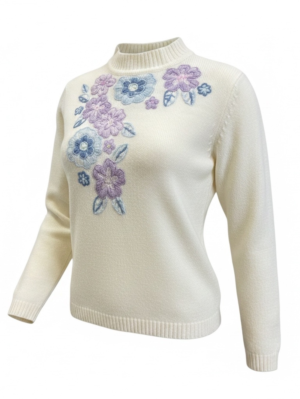 Alfred Dunner Cream Floral Embroidered Turtleneck Sweater